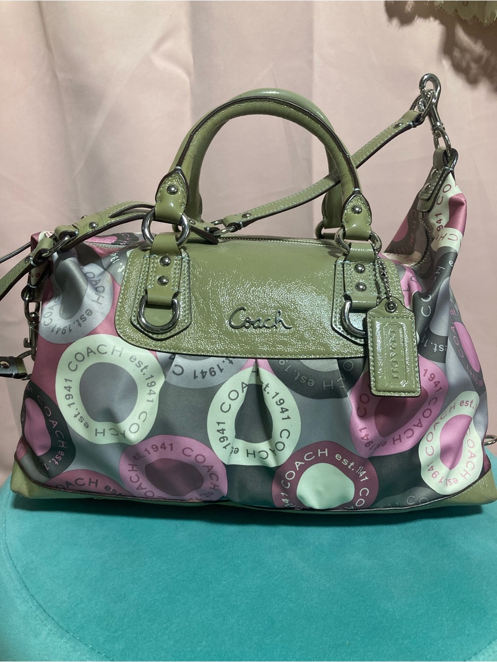 Coach Olive Green & Pink Circle Print Satchel - Picture 2 of 9